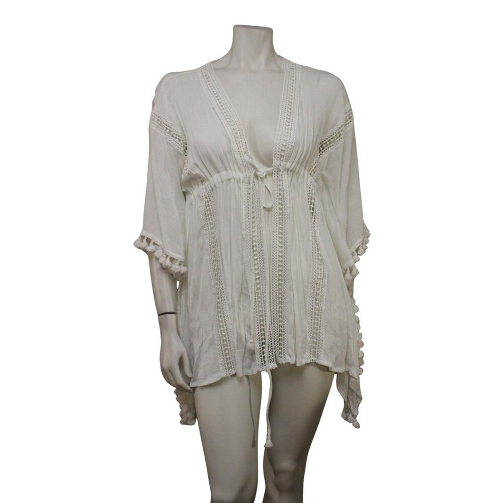NWT Michael Stars White Tassles for All Ruana Honeymoon Caftan Cover Up One Size